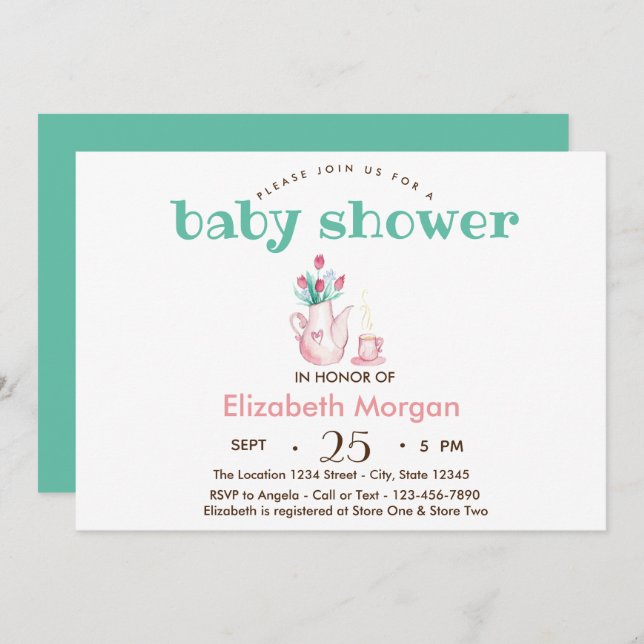  Teapot Flowers Baby Shower Invitation (Front/Back)