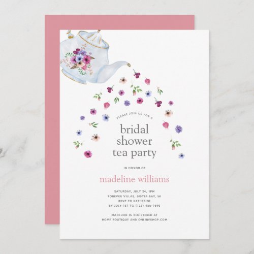 Teapot Flowers Bridal Shower Tea Party Invitation