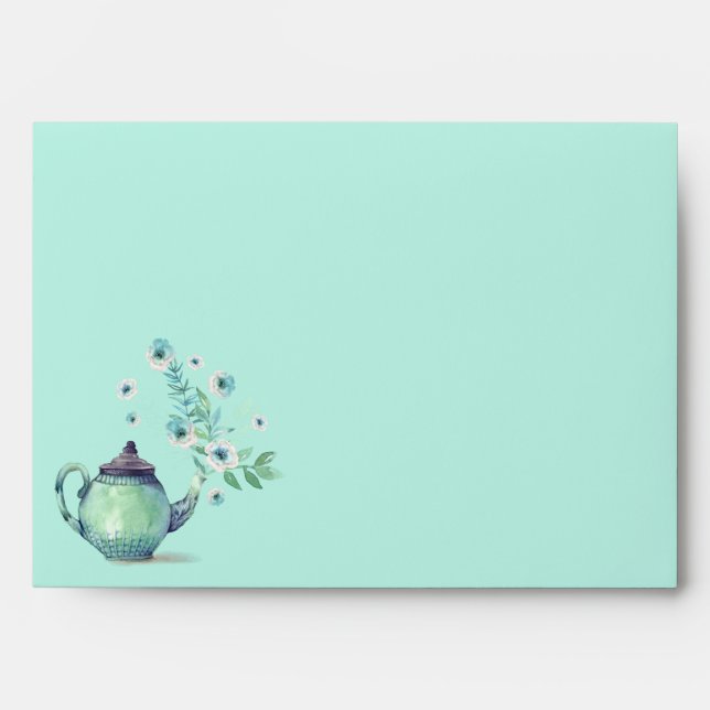 Teapot Flowers Mint Green Turquoise Envelope (Front)