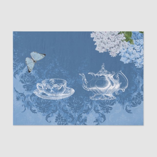 Teapot Hydrangea Blue Vintage Damask Tissue Paper (Front)