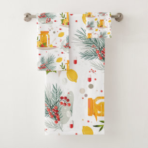 Teapot, lemon, cup of tea and flower bath towel set