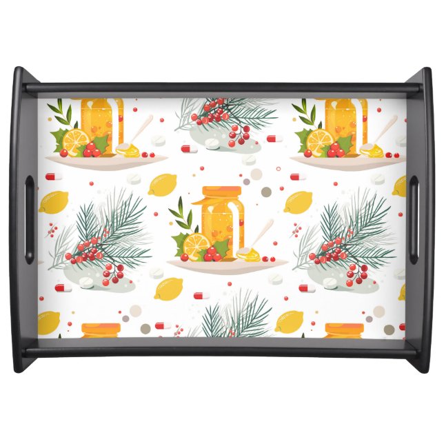 Teapot, lemon, cup of tea and flower serving tray (Front)