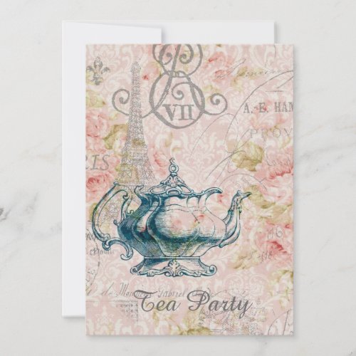 teapot paris eiffel tower vintage tea party card