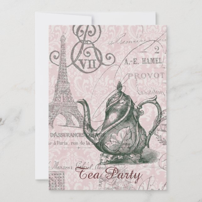 teapot paris eiffel tower vintage tea party invitation (Front)