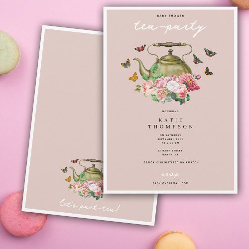Teapot Party Pink Floral Butterflies Baby Shower Invitation