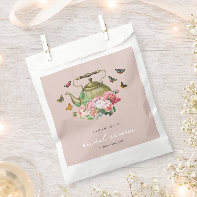 Teapot Party Pink Floral Butterflies Bridal Shower Favor Bag (Clipped)
