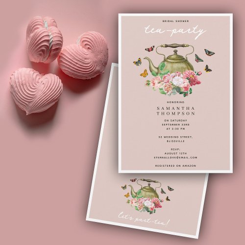 Teapot Party Pink Floral Butterflies Bridal Shower Invitation