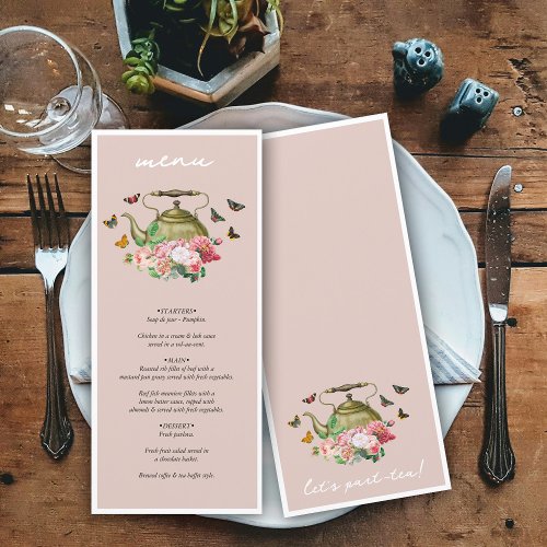 Teapot Party Pink Floral Butterflies Bridal Shower Menu