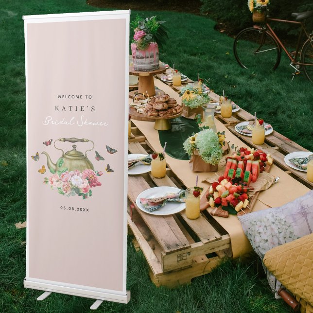Teapot Party Pink Floral Butterflies Bridal Shower Retractable Banner (Teapot Party Pink Floral Butterflies Bridal Shower Retractable Banner)