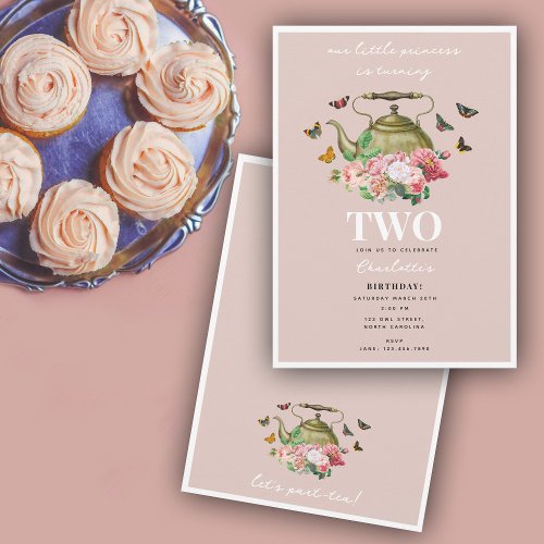 Teapot Party Pink Floral Butterflies Girl Birthday Invitation
