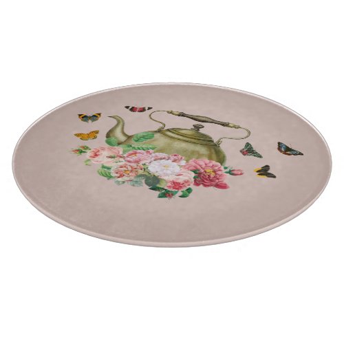 Teapot Party Pink Floral  Butterflies Kettle Cutting Board