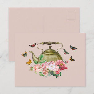 Teapot Party Pink Floral & Butterflies Kettle Holiday Postcard