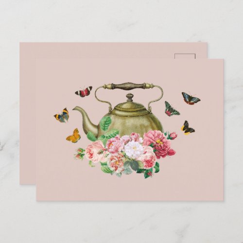 Teapot Party Pink Floral  Butterflies Kettle Holiday Postcard