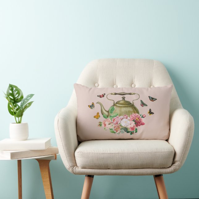 Teapot Party Pink Floral & Butterflies Kettle Lumbar Pillow (Chair)