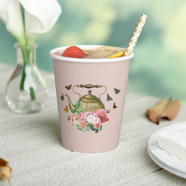 Teapot Party Pink Floral & Butterflies Kettle Paper Cups (Insitu)