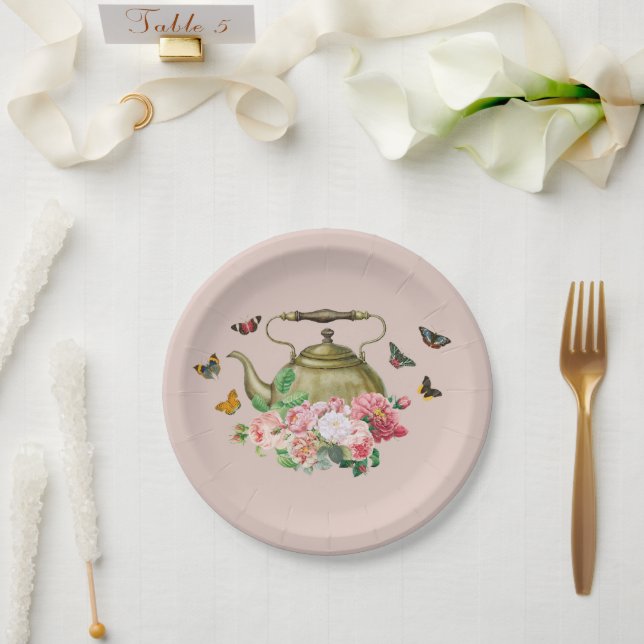 Teapot Party Pink Floral & Butterflies Kettle Paper Plates (Wedding)