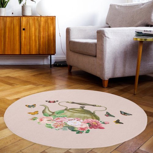 Teapot Party Pink Floral  Butterflies Kettle Rug