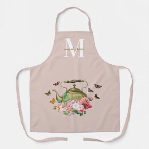Teapot Party Pink Floral & Butterflies Monogram Apron