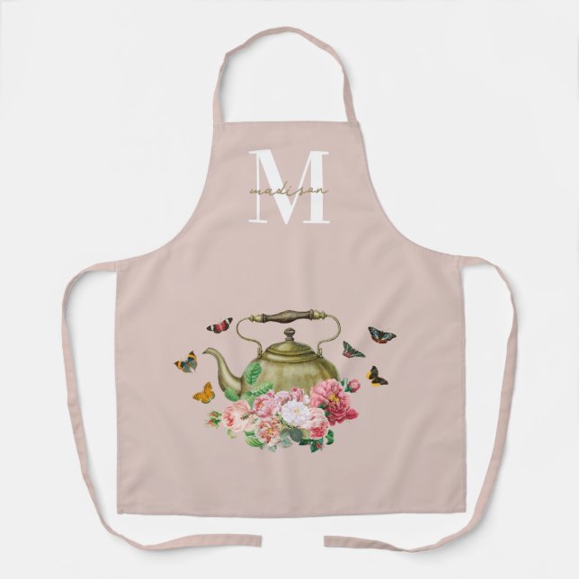 Teapot Party Pink Floral & Butterflies Monogram Apron (Front)