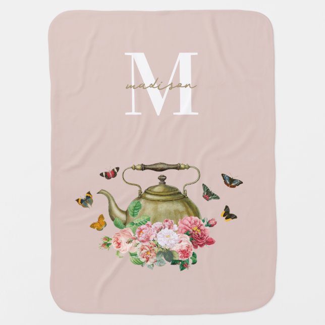 Teapot Party Pink Floral & Butterflies Monogram Baby Blanket (Front)