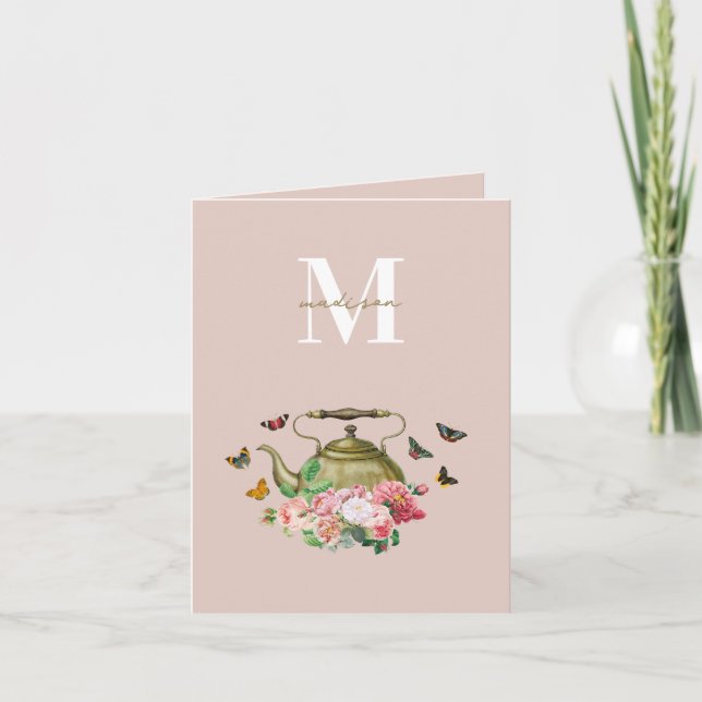 Teapot Party Pink Floral & Butterflies Monogram Card (Front)