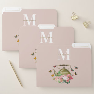 Teapot Party Pink Floral & Butterflies Monogram File Folder