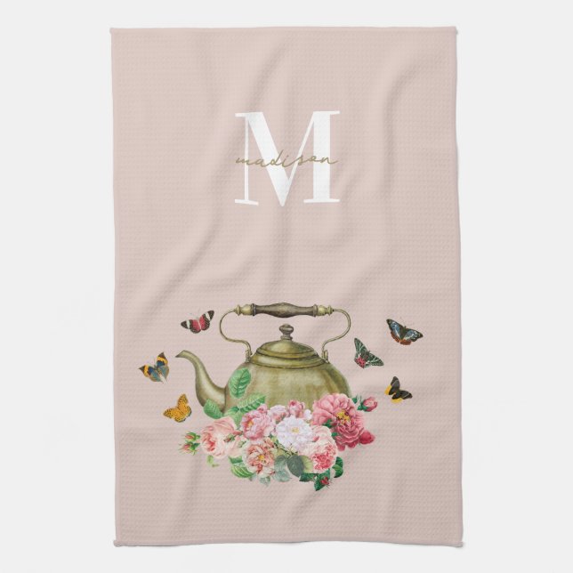 Teapot Party Pink Floral & Butterflies Monogram Kitchen Towel (Vertical)