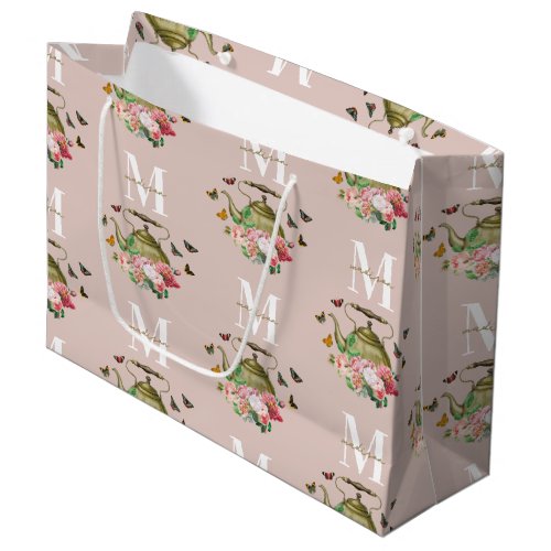 Teapot Party Pink Floral  Butterflies Monogram Large Gift Bag