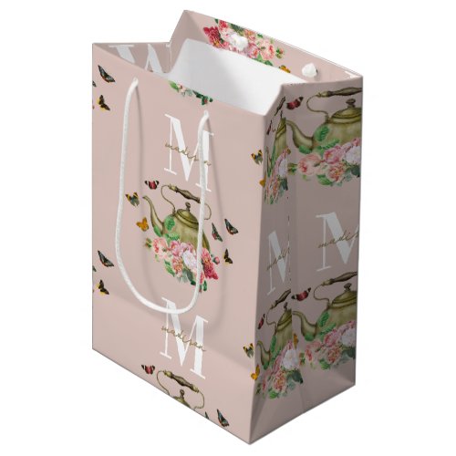 Teapot Party Pink Floral  Butterflies Monogram Medium Gift Bag