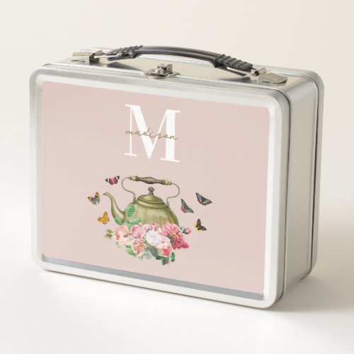 Teapot Party Pink Floral  Butterflies Monogram Metal Lunch Box