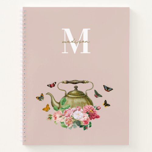 Teapot Party Pink Floral  Butterflies Monogram Notebook