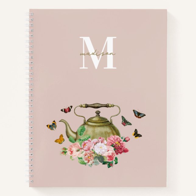 Teapot Party Pink Floral & Butterflies Monogram Notebook (Front)