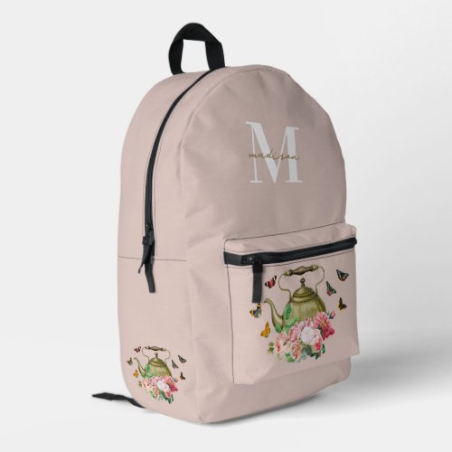 Teapot Party Pink Floral  Butterflies Monogram Printed Backpack