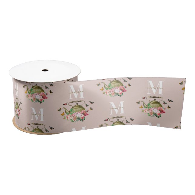Teapot Party Pink Floral & Butterflies Monogram Satin Ribbon (Spool)