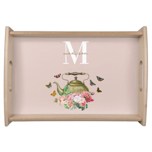 Teapot Party Pink Floral  Butterflies Monogram Serving Tray