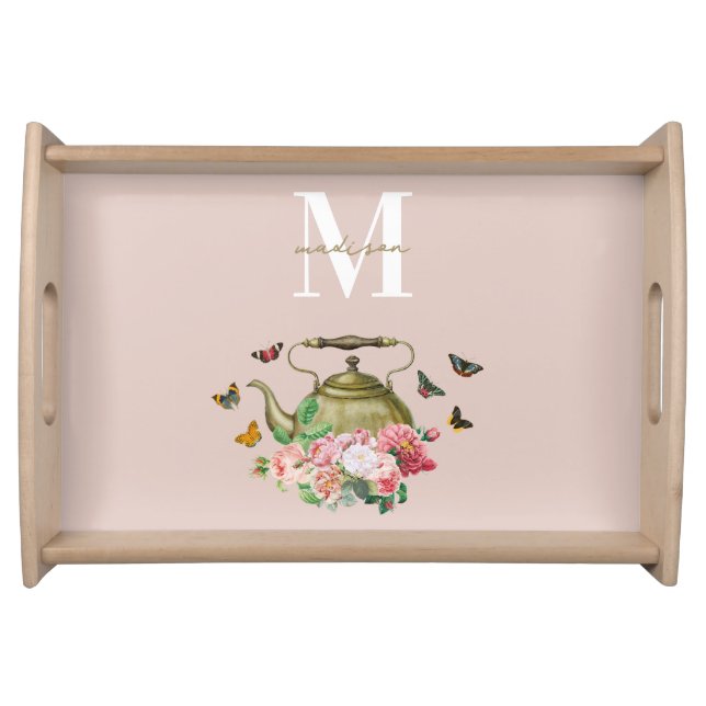 Teapot Party Pink Floral & Butterflies Monogram Serving Tray (Front)