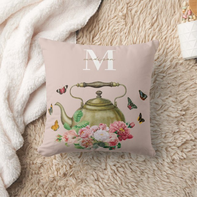 Teapot Party Pink Floral & Butterflies Monogram Throw Pillow (Blanket)