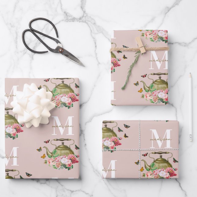 Teapot Party Pink Floral & Butterflies Monogram Wrapping Paper Sheets (Front)