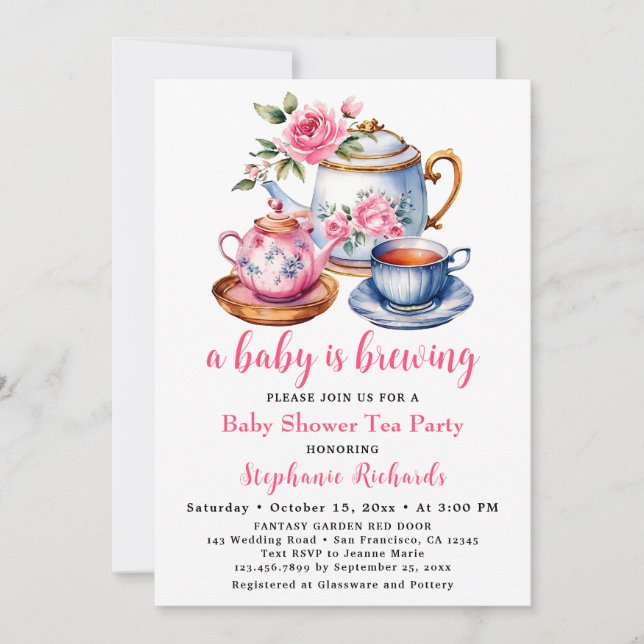 Teapot Pink Rose Flower Tea Party Baby Shower Invitation (Front)