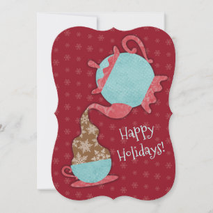 Teapot pouring snowflakes in tea cup Christmas Holiday Card