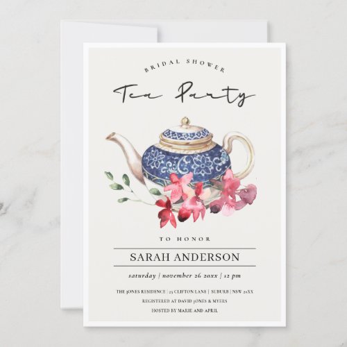 Teapot Red Floral Bridal Shower Tea Party Invite