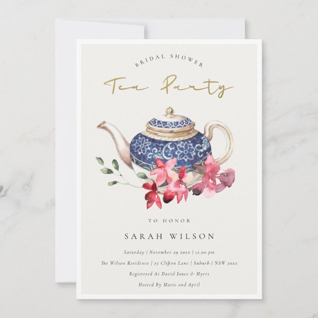 Teapot Red Floral Bridal Shower Tea Party Invite (Front)