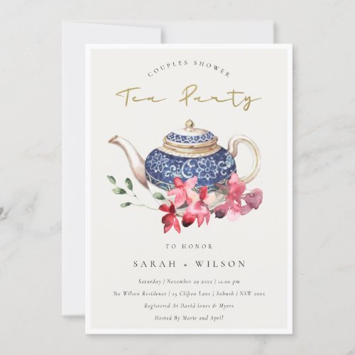 Teapot Red Floral Couples Shower Tea Party Invite