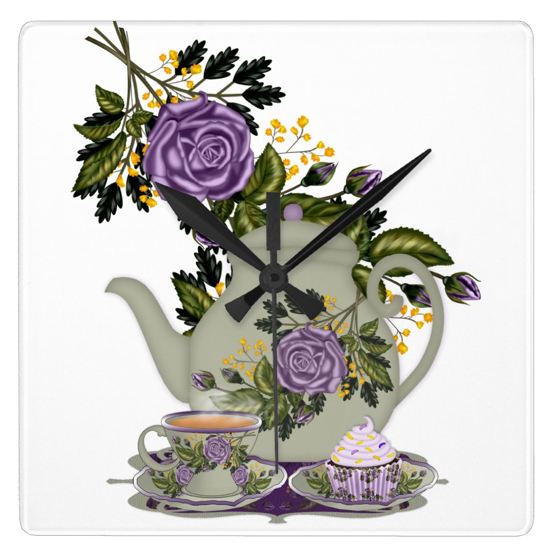teapot, roses, cupcake, teacup kitchen clock Zazzle