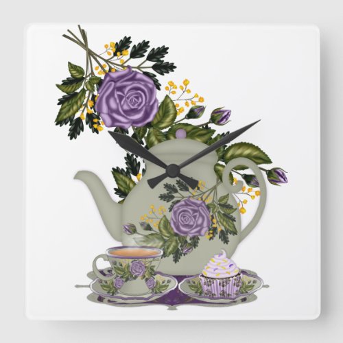 teapot roses cupcake teacup kitchen clock