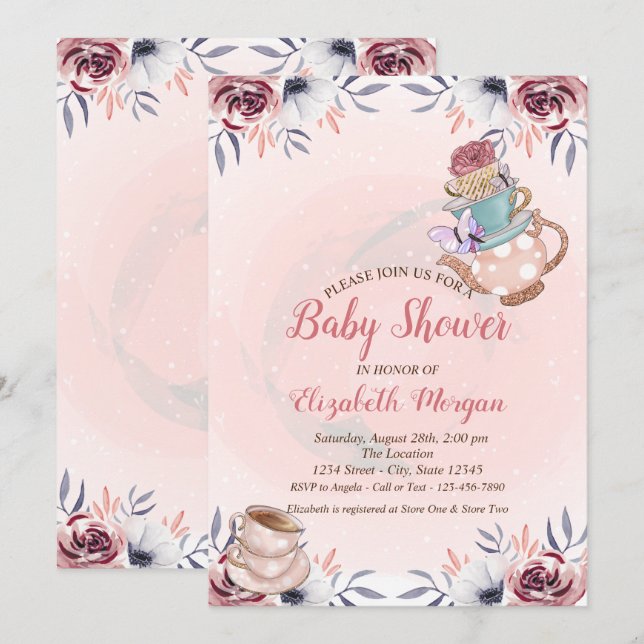 Teapot Tea cup Floral Tea Party Baby Shower   Invitation (Front/Back)