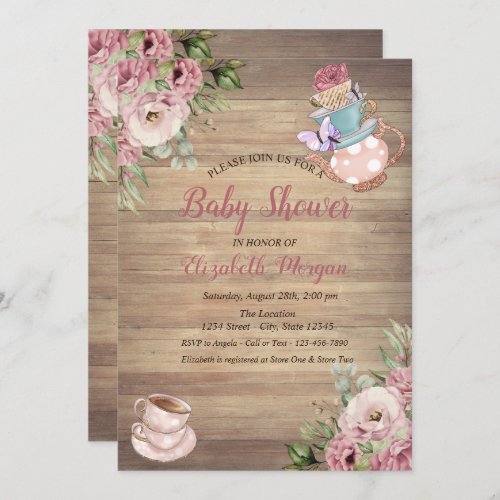Teapot Tea cup Floral Wood Baby Shower   Invitation