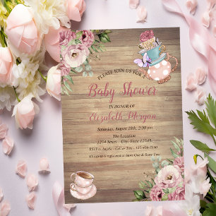 Teapot Tea cup Floral Wood Baby Shower   Invitation
