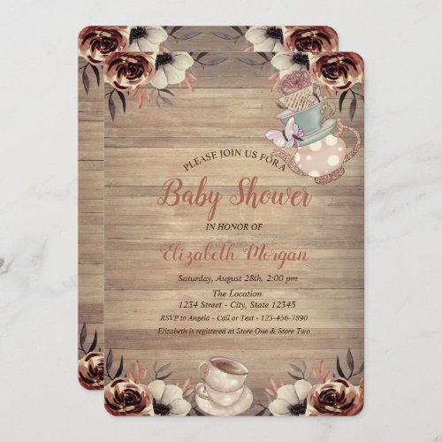 Teapot Tea cup Flowers Wood Baby Shower  Invitation