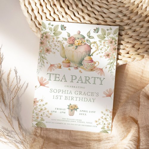 Teapot  Tea Cups Whimsical Wildflowers Birthday Invitation